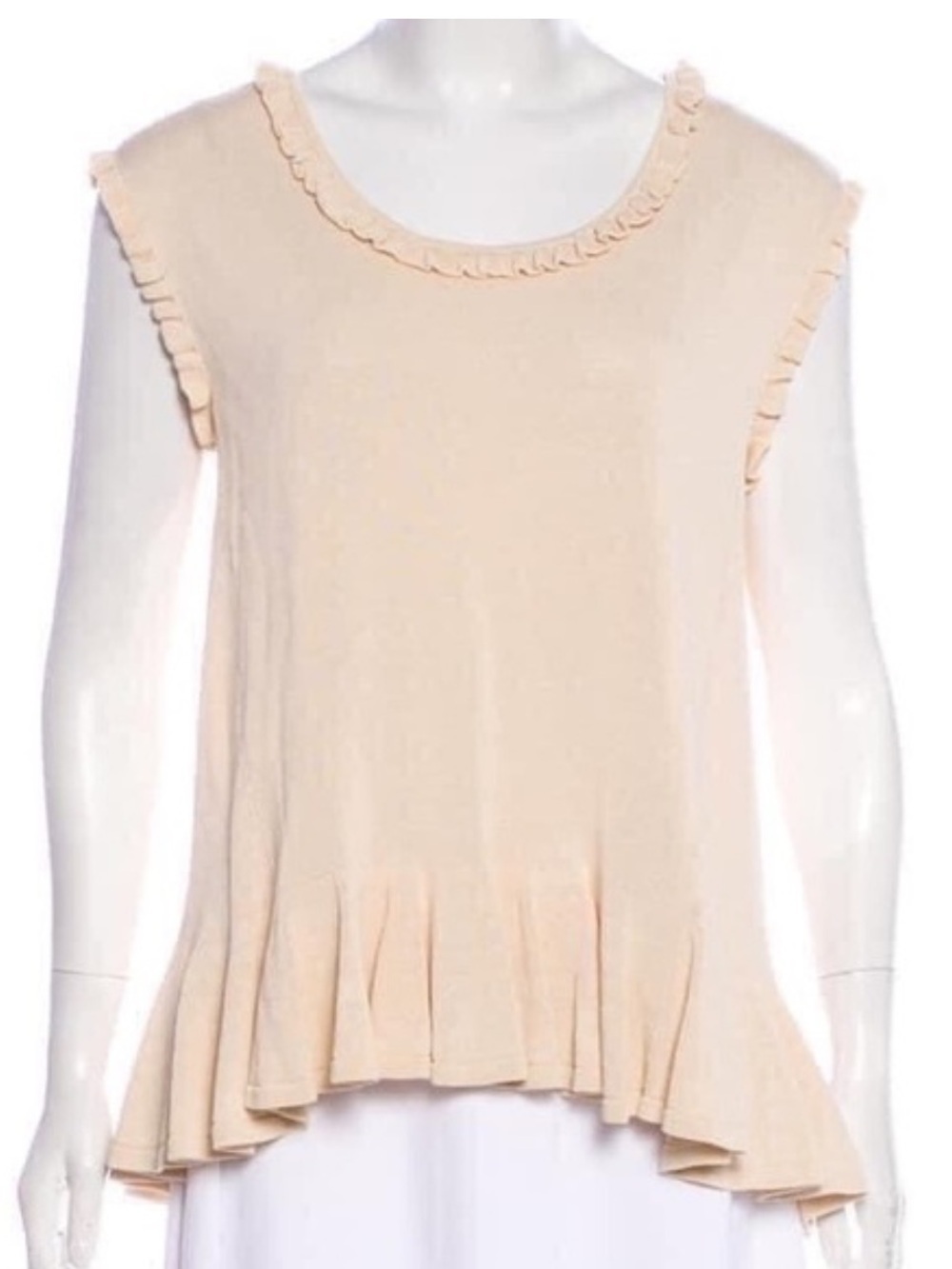 Co ruffle blouse top collar cap short sleeve knit scoop neck sand ecru ivory